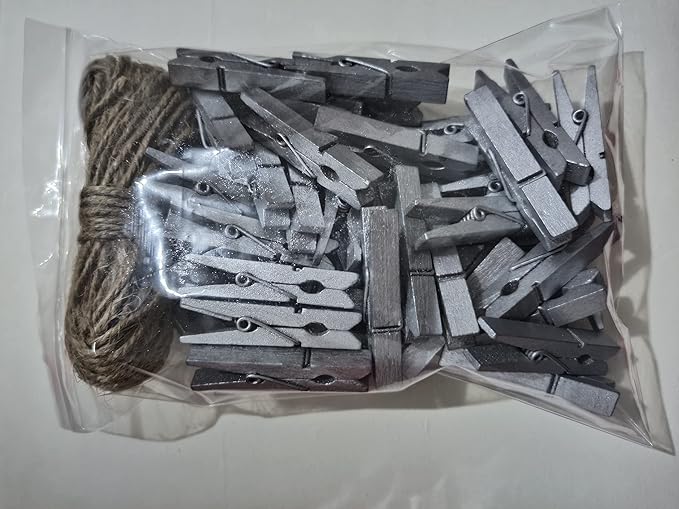 1.8 Inch Silver Wooden Clothespins Hold Picture Photo Clothesline Pins Hanging Christmas Cards with Jute Twine Pack 50