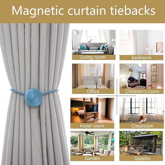 Magnetic Curtain Tiebacks - 12mm Magnetic Tie Backs for Curtains, Heavy Duty No Drill Curtain Holdbacks for Home/Office Windows Drapes, Elegant Gift-Ready Design 7 Colors (2, Blue)