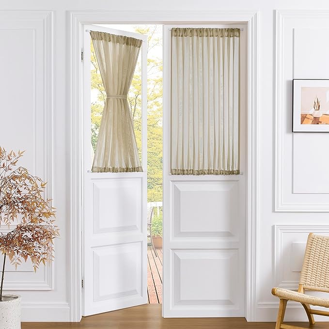 Tollpiz Small Sheer Door Curtain Closet Linen Textured Curtain Sheers Doorway Light Filtering Voile French Doors Rod Pocket Curtains Patio Glass Door, 25 x 40 inches Long, Taos Taupe, Set of 1 Panel