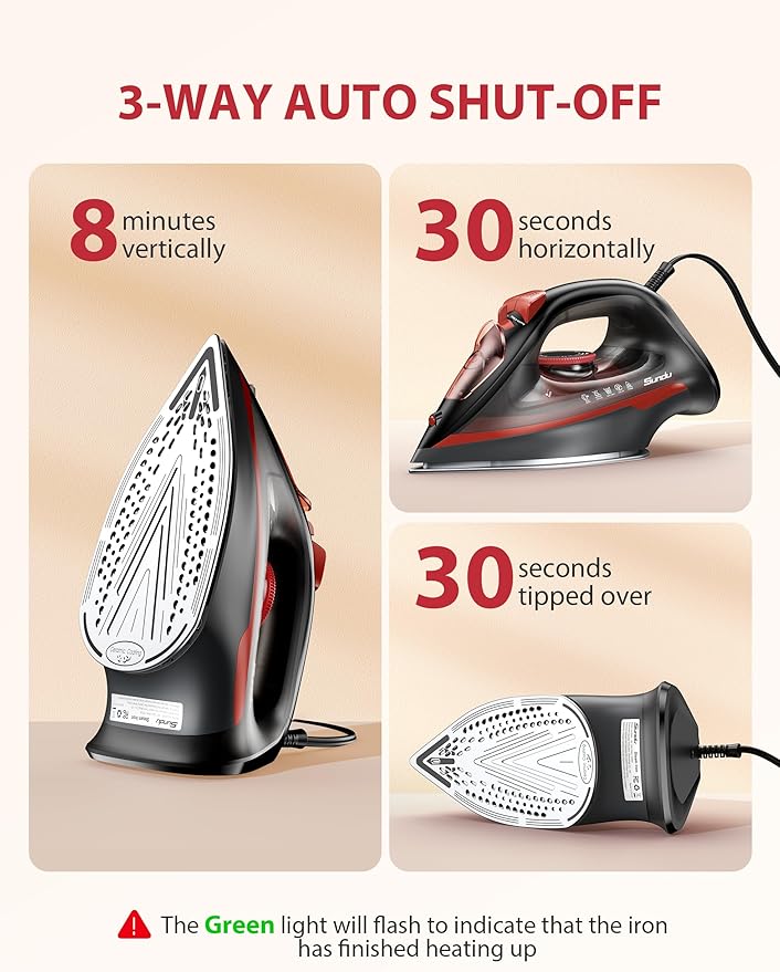 Burst steam Iron for Clothes, Automatic Shutoff, Light Weight, 1500W Iron with Non-Stick Ceramic Soleplate, 3-Way Auto-Off, Rapid Heating, Self-Cleaning, 15.21oz Water Tank Ironing Clothes for Home
