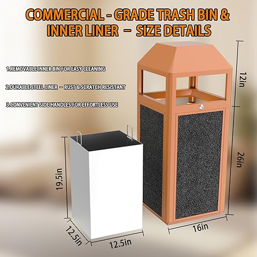 Commercial Metal Outdoor Trash Can with Lid, Lockable Outdoor Garbage Can with Nature Stone Panels, Heavy-Duty Rustproof Trash Bin with Removable Liner for Parks & Public Spaces