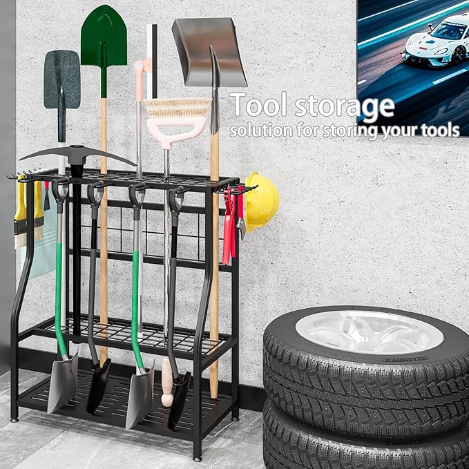 Garden Tool Organizer Holder Heavy Duty Steel Rack Up to 60 Long Handled Tools for Garage Shed Outdoor Garden Yard Black