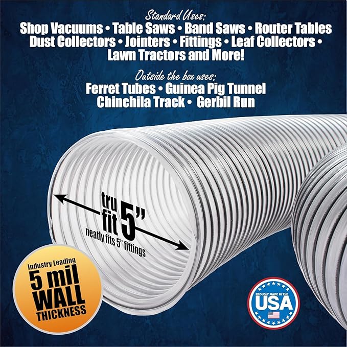 PVC Dust Collection Hose w/4 Thumbscrew Clamps, Puncture Resistant, Carbon Steel Wire, Clear Flexible PVC Dust Collector Hose, Proudly Made in USA (5" x 10')