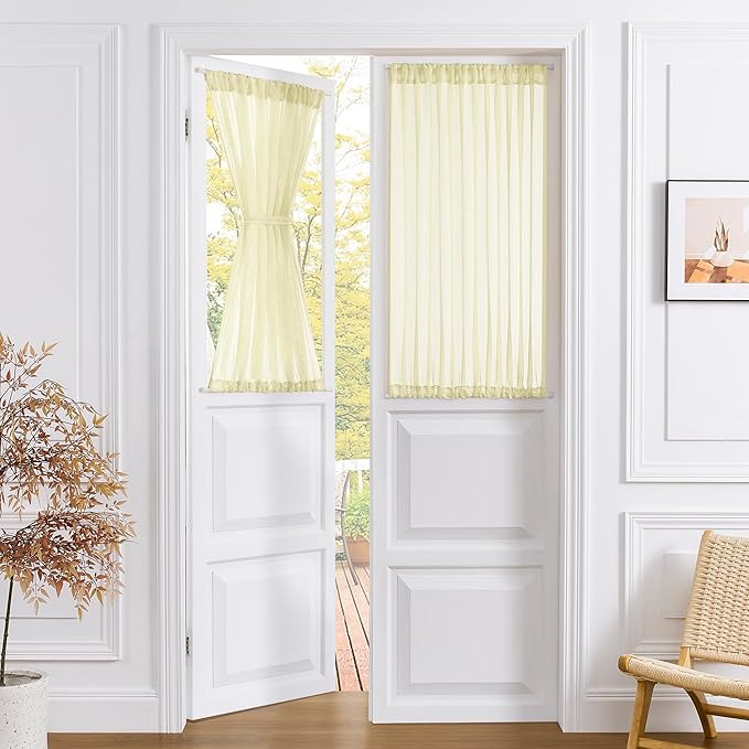 Tollpiz Sheer Door Curtains Closet Linen Textured Curtain Sheers Doorway Light Filtering Voile French Door Rod Pocket Curtains Patio Door, 54 x 63 inches Long, Transparent Yellow, Set of 1 Panel