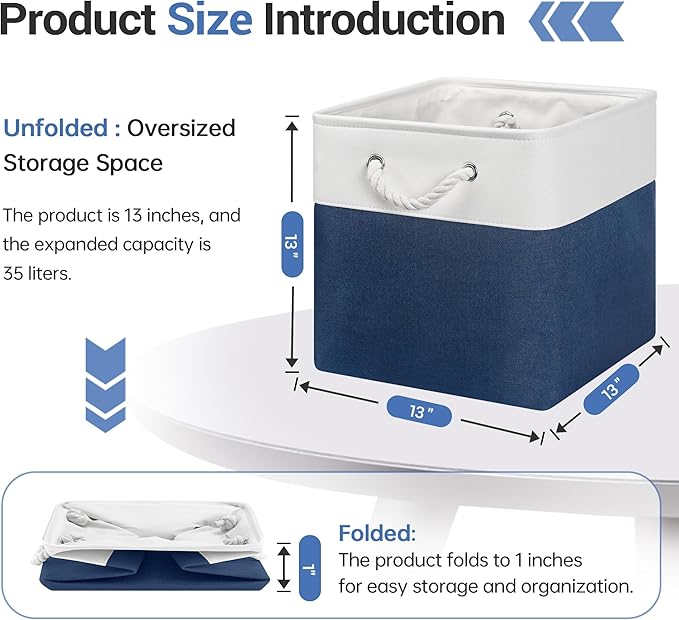 13x13 Inch Cube Storage Bins with Reinforced Bottom Cardboard, 6 Pack Large Collapsible Fabric Storage Cubes with Handles for Shelf, Closet, Toy, Laundry Organization (White&Navy Blue)