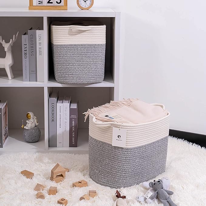 Medium and Large Woven Basket//With Handle, Used for Toys and Fabric Storage Basket used for Storing xl Storage Box, Decorative Storage Box Room 2pack (14L12H Silver Gray, 14L*10W*12H)