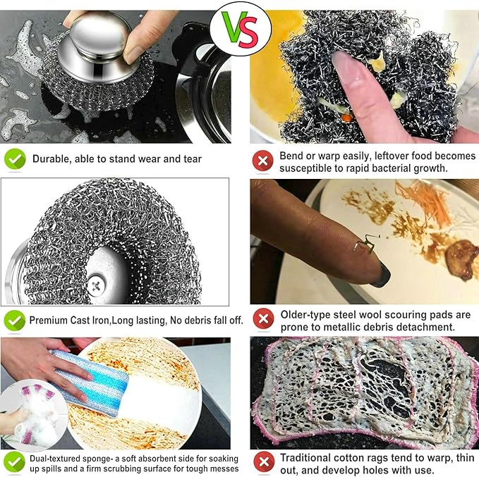 Stainless Steel Wool Scrubber with Short Handle Steel Scrubber Wool Pads for Cleaning Dishes Metal Scrubber Pot Scrubbers for Iron Pots, Stoves, Barbecue Grills, Wash Sink,Pans,2 Replace Heads