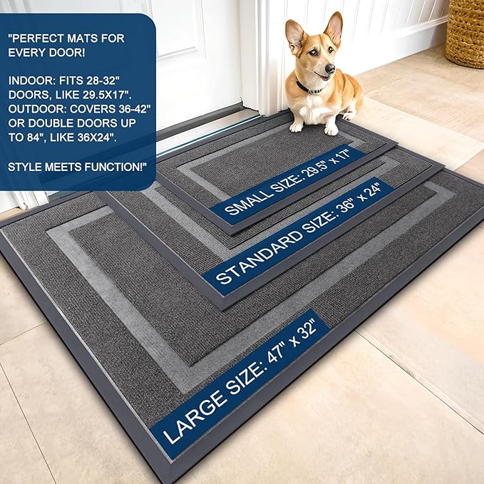 OLANLY Front Door Mat Indoor Outdoor Entrance, Waterproof All-Season, All-Weather Doormat, Sturdy Natural Rubber, Fade Resistant, Low Profile, Easy Clean Patio Porch Entryway Mat, 59x20, Dark Grey