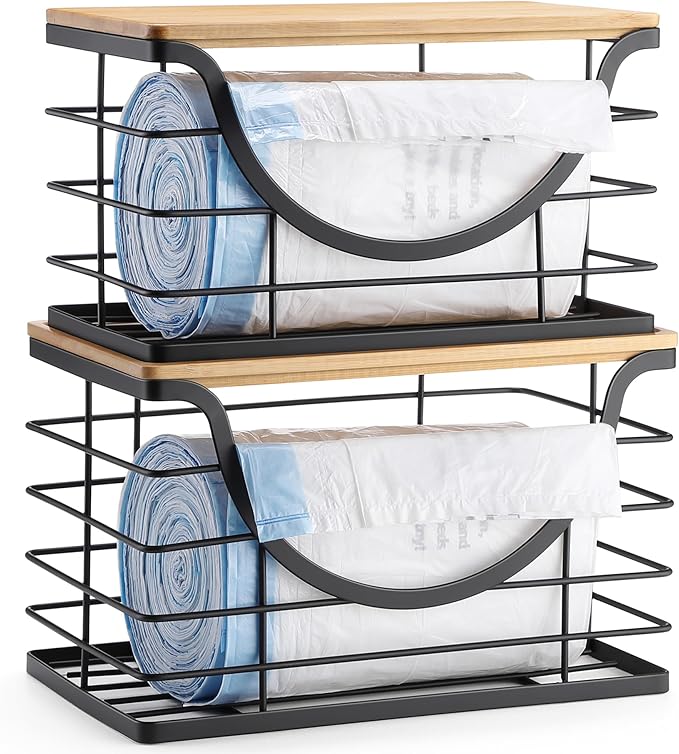 Extra Large Trash Bag Holder Under Sink 2 Pack Stackable Kitchen Storage with Bamboo Lid, Garbage Bag Dispenser Roll Holder, Pantry Organizers Wall Mounted Laundry Room Organization Storage