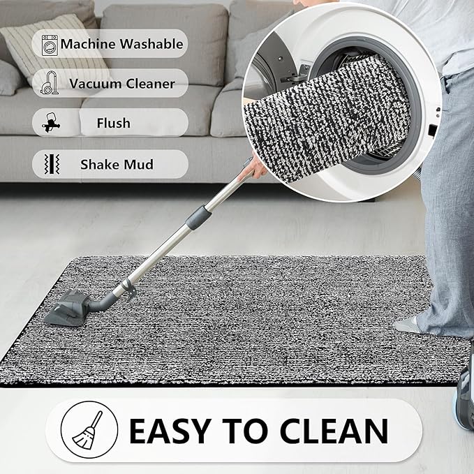 REFETONE Indoor Doormat, Front Door Mat 36"x59" Absorbent Rubber Backing Non Slip Back Door Mats, Washable Low-Profile Inside Floor Mat Door Rugs for Entryway, Resist Dirt Mud Mat for Dogs, Black