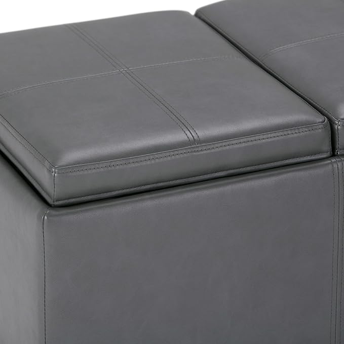 SIMPLIHOME Avalon 42 inch Wide Contemporary Rectangle Storage Ottoman in Stone Grey Vegan Faux Leather, Assembled, For the Living Room, Entryway and Family Room