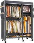 Raybee Clothes Rack with Cover,Clothing Racks for Hanging Clothes with Wheels and Adjustable Feets,Rolling Heavy Duty Garment Rack,Black