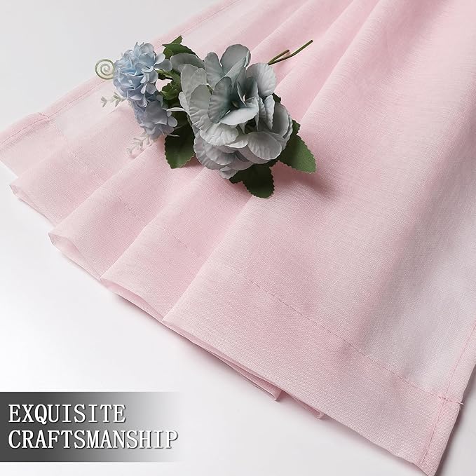 Tollpiz Short Sheer Curtain Living Room Linen Textured Curtains Sheer Light Filtering Voile Rod Pocket Curtain for Bedroom, 38 x 54 inches Long, Pink, Set of 2 Panels