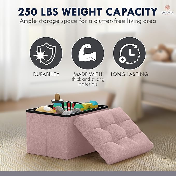 Ornavo Home Small Storage Ottoman Foldable Collapsible Rectangle Linen Ottoman Foot Rest Stool Seat, for Living Room, Bedroom, Home Office, Dorm - 12 x 16 x 12, Pink