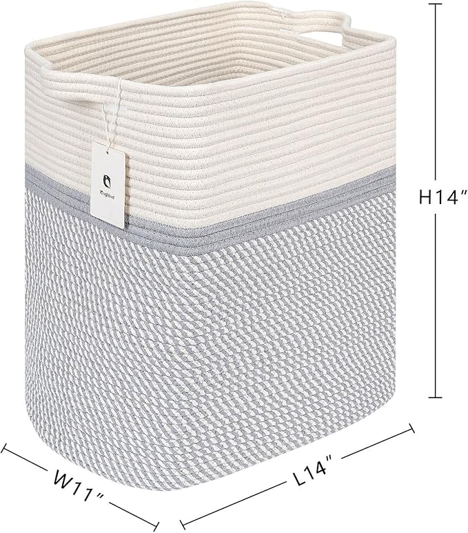Storage Baskets for Clothes Fabric Cotton Rope Storage Basket with Handles, Decorative Woven Basket for Living Room,Closet Organizer Blankets, and 2bags (White/Gray, L14×W11×H14)