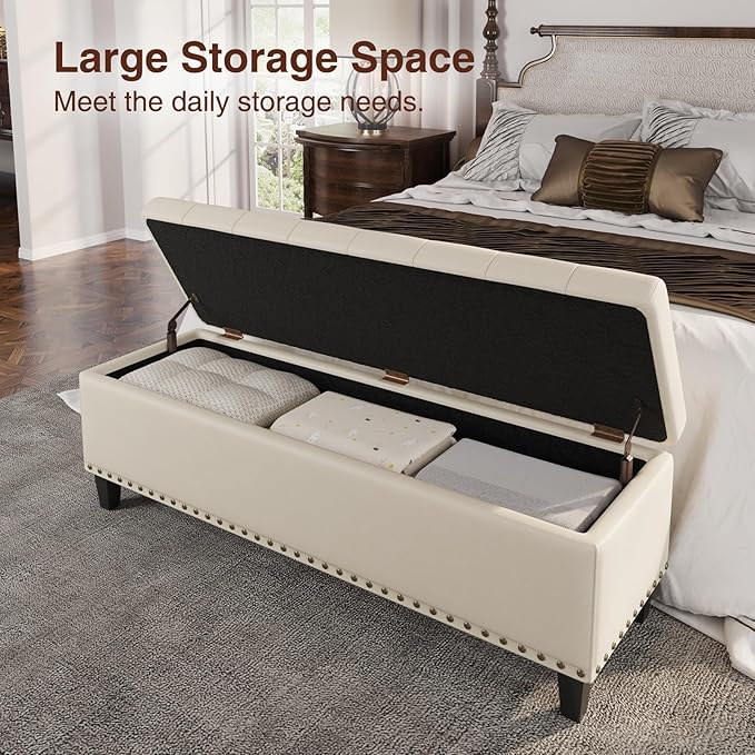 Storage Ottoman Bench, 51-Inch Large Storage Bench for Bedroom End of Bed, 30 Gallons Faux Leather Bench for Bedroom, Living Room, Entryway, Hallway, Cream White