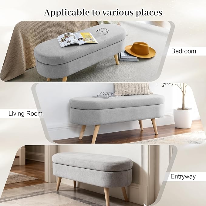 Storage Bench, 43" Storage Ottoman Bench for Bedroom, Upholstered Entryway Benches with Seating, Rubber Wood Legs, Shoe Storages Benches for Bedroom, Living Room, Entryway, Bed Side, Grey