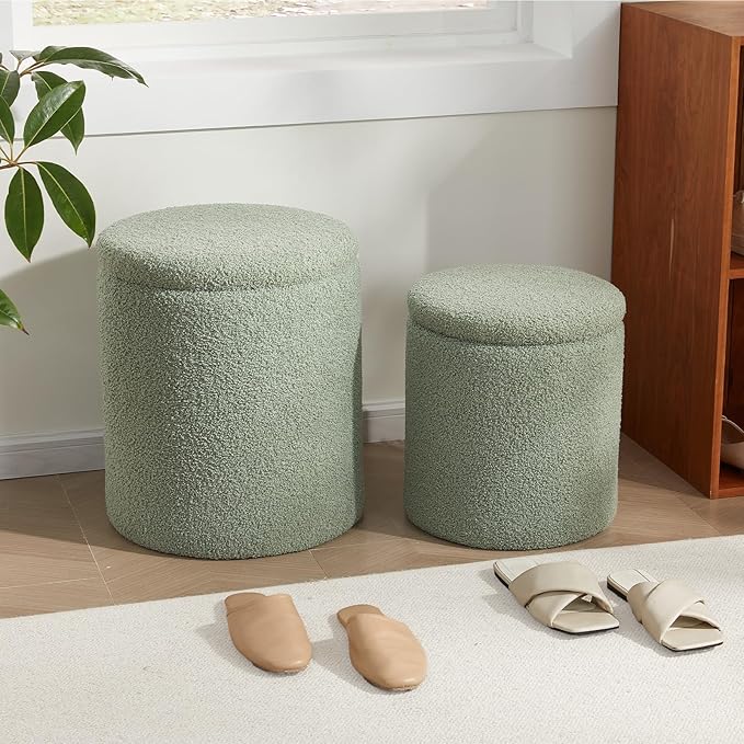 Boucle Round Ottoman with Storage Set of 2,Small Foot Stool Ottoman for Living Room,Small Coffee Table, Vanity Stool with Storage for Bedroom, Green