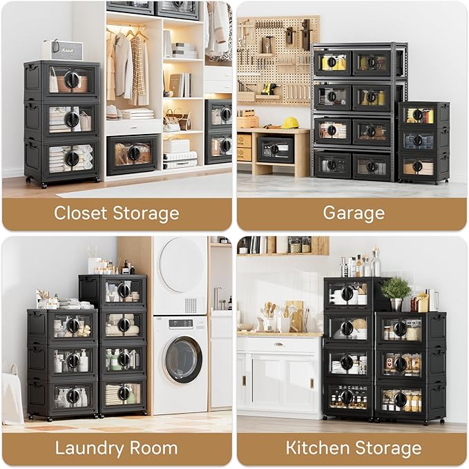 JEKO&JEKO 332Qt Lockable Stackable Storage Bins with Lids, Collapsible Closet Organizer with Wheels, Plastic Cabinet Drawer for Clothes, Dorm Room 4 Pack (Black)