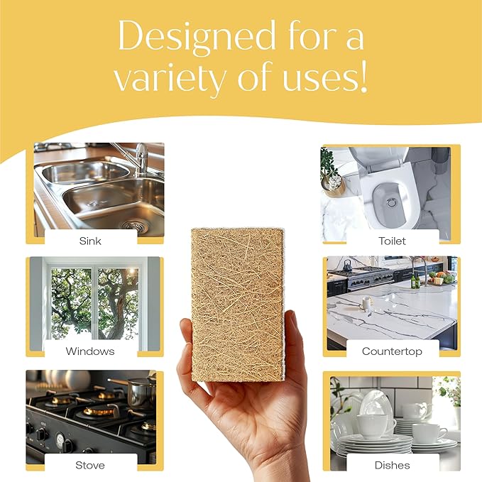 FabTab Coconut and Cellulose Sponges, Plant-Based, Non-Scratch Cleaning Sponges for Dishes, Sinks, Stoves, Countertops, Odorless Kitchen Sponge, Reusable, Dishwasher Safe 6-Count