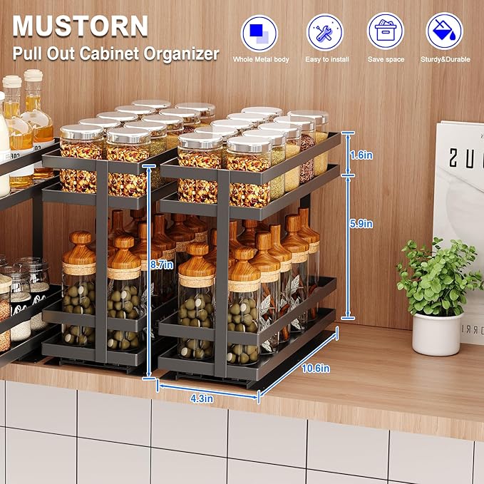 2 Pack Pull Out Spice Rack Organizer for Cabinet, 2 Tier Metal Slide Out Seasoning Organizer and Storage Heavy Duty Vertical Spice Rack Shelf Pullout for Kitchen Cabinets No Drilling (Black)