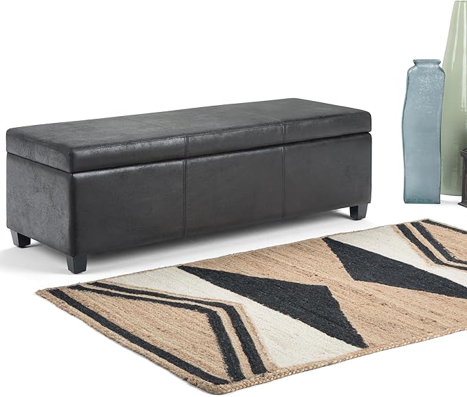 SIMPLIHOME Avalon 48 inch Wide Contemporary Rectangle Storage Ottoman Bench in Distressed Black Distressed Vegan Faux Leather, Assembled, For the Living Room, Entryway and Family Room