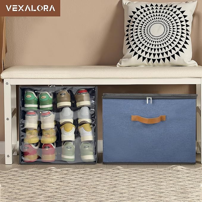 Shoe Organizer for Closet, 2 Pack Shoe Storage Bins with Clear Cover, Adjustable Dividers Fits 16-32 Pairs ShoeBoxes, Organizador de Zapatos, Navy Blue