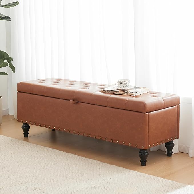 51.8’’ Storage Ottoman Bench, Faux Leather Ottoman with Storages, Window Benches Holds up to 330lbs, Upholstered Storage Bench for Bedroom, Living Room, Entryway and Family Room, Brown