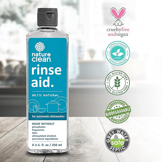 Nature Clean Natural Dishwasher Rinse Aid Liquid, Plant-Based Dishwasher Drying Agent with 99.7% Natural Ingredients, Unbelievable Power and No Nasty Chemicals. Hard Water Stain Remover. 8 oz 2-pack