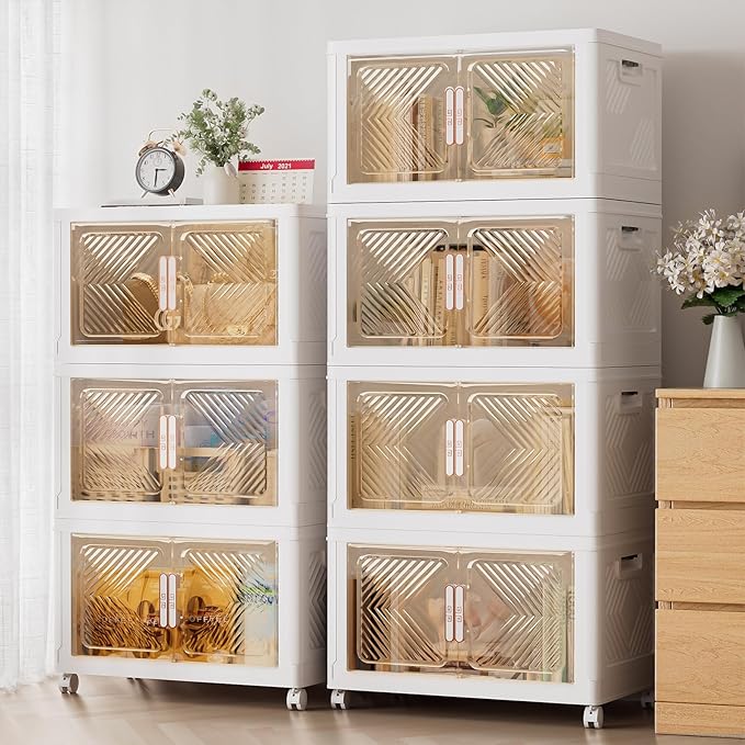 Storage Bins with Lid 48QT, Stackable Storage Containers with Wheels and Magnetic Doors, Plastic Clothes Closet Organizers and Storage Box for Pantry, Home and Office (4 Pack)