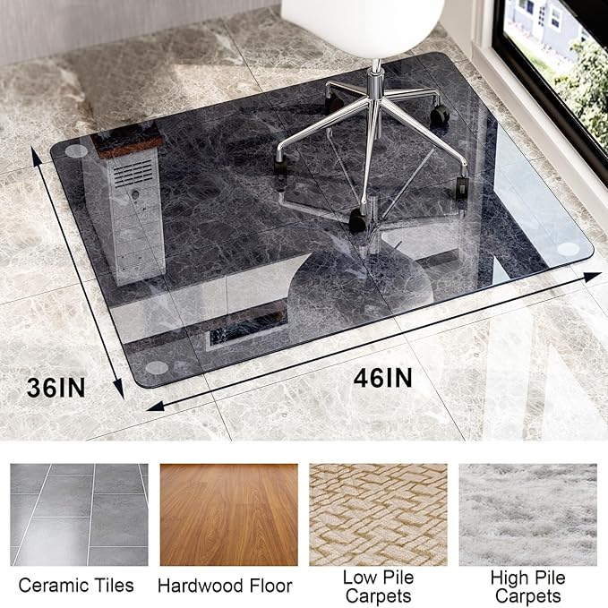 GLSLAND Office Chair Mat, 36" x 46" Grey Tempered Glass Floor Mat for Office Chair on Carpet, 1/6" Thick Computer Floor Mat with 4 Anti-Slip Pads