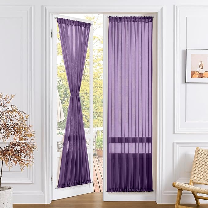 Tollpiz Sheer Door Curtain Closet Linen Textured Curtain Sheers Doorway Light Filtering Voile French Door Rod Pocket Curtains Patio Glass Door, 25 x 80 inches Long, Royal Purple, Set of 1 Panel