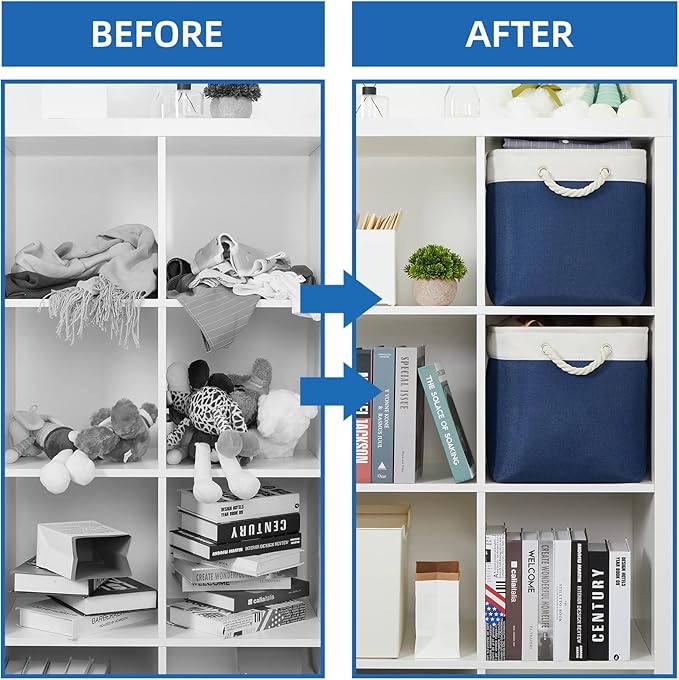 Temary Storage Baskets for Shelves, 2 Pcs Fabric Storage Bins Empty Gift Baskets for Organizing Clothes, Books, Decorative Basket with Rope Handles (White&Blue,16Lx12Wx12H Inches)