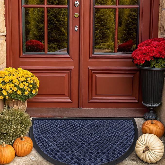 Smiry Half Circle Front Door Mat Outside Entrance, Heavy Duty Outdoor Indoor Natural Rubber Doormat, Non Slip Trap Dirt and Moisture Easy Clean Low Profile Patio Porch Entryway Mat, 29.5x17, Navy Blue