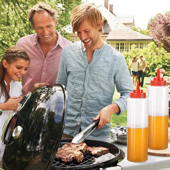 Condiment Squeeze Bottles Ketchup Dispenser, 2 Pack 32oz Squeeze Bottles for Liquids, Plastic Sauce Bottle with Cap Lid, Squirt Bottles for Sauces Liquids BBQ Dressing Pancake Art