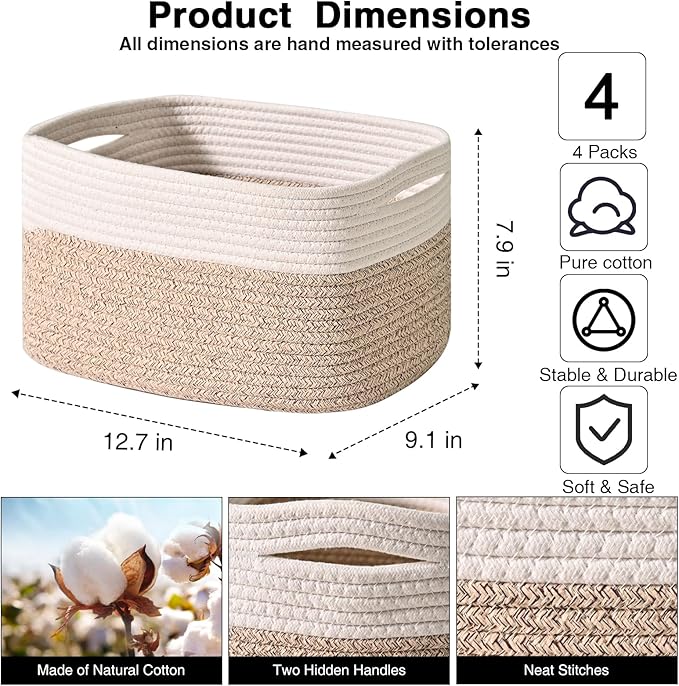 Small Storage Baskets for Organizing, Woven Storage Baskets for Shelves, Cotton Rope Basket for Storage, Cute Rectangular Book Toy Basket, 12.7"×9.1"×7.9", 4 Packs, Off White & Brown