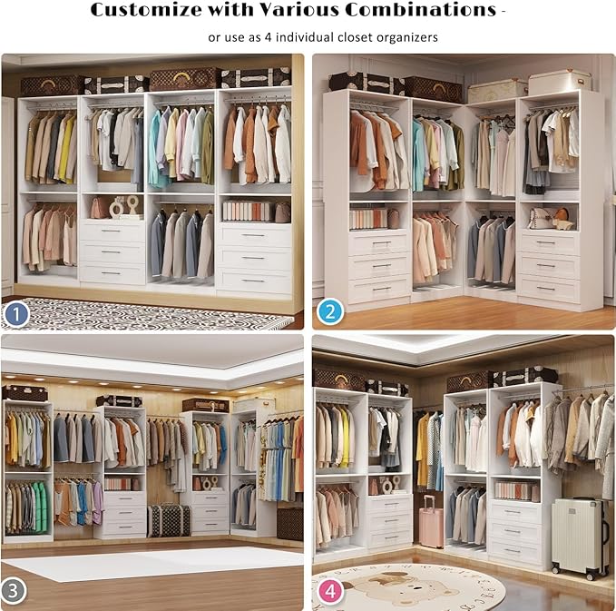 Closet System with 4 Sets, 8FT Closet Organizer Systems with 6 Wooden Drawers & 10 Hanging Rods, Walk in Closet Standalone Corner Closet System Modular Closet System Set White (8FT)