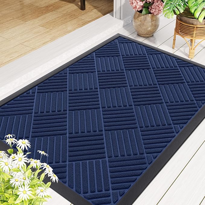Smiry Front Door Mat Outside Entrance, Heavy Duty Outdoor Indoor Natural Rubber Doormat, Non Slip, Trap Dirt and Moisture, Easy Clean, Low Profile Patio Porch Entryway Mat, 35x23, Navy Blue