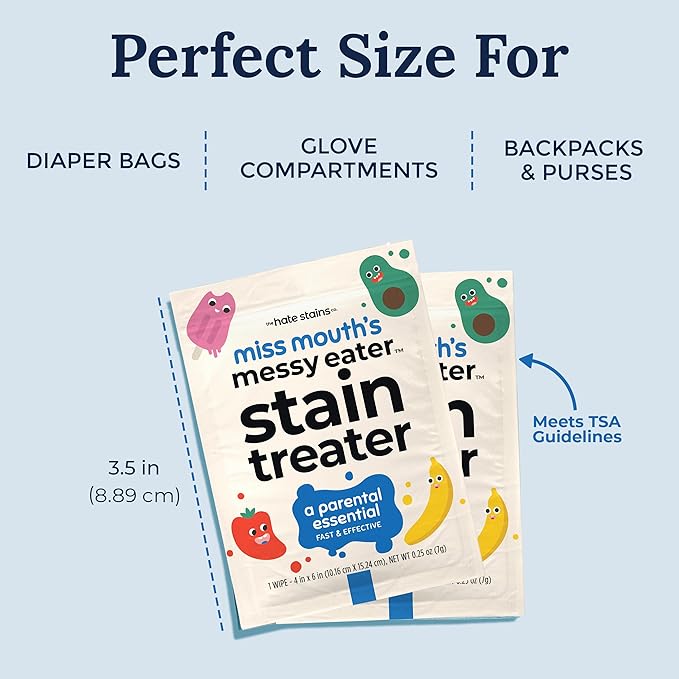 Miss Mouth's Messy Eater Stain Treater Wipes - 25 Pack Stain Remover - Newborn & Baby Essentials - No Dry Cleaning Food, Grease, Coffee Off Laundry, Underwear, Fabric