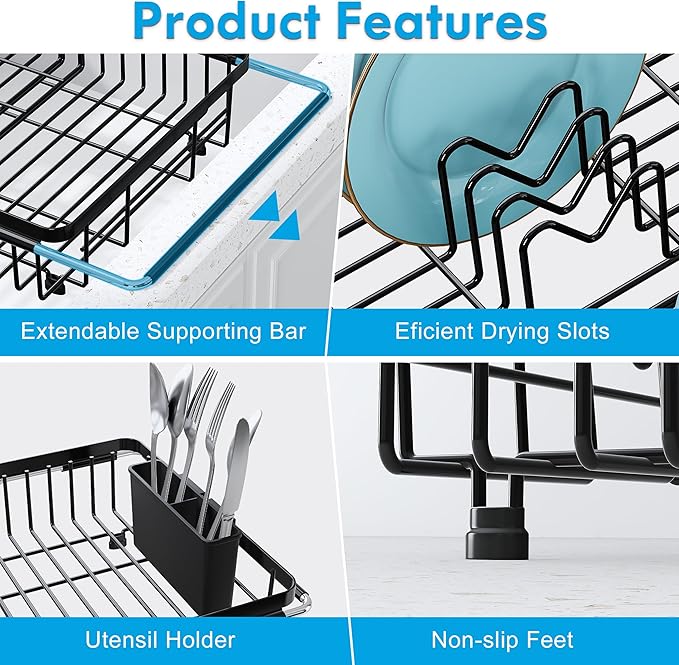 JASIWAY in Sink Dish Drying Rack, Expandable Stainless Steel Dish Drainers for Kitchen Sink, Over Sink Dish Drying Rack with Utensil Holder, 13.1''~16.6''D x 11.8''W, Black