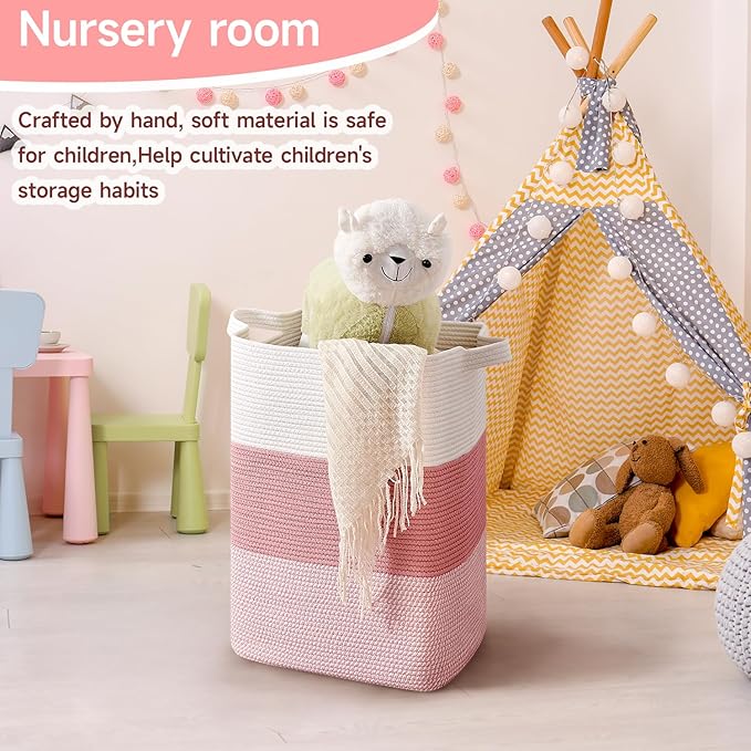 CLHMILY&Z 75L Laundry Hamper Rectangular Pink Rope Basket - 16x13x22 Inches - Dirty Clothes Storage Soft Organizer Bin for Blankets, Toys, and Nursery Essentials