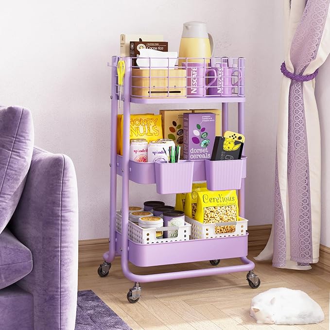 KINGRACK 3 Tier Rolling Cart, Metal Mobile Storage Shelf with Lockable Wheels, Prevent Falling Utility Trolley Cart, Storage Organizer for Kitchen, Office, Bathroom, Dorm, Purple