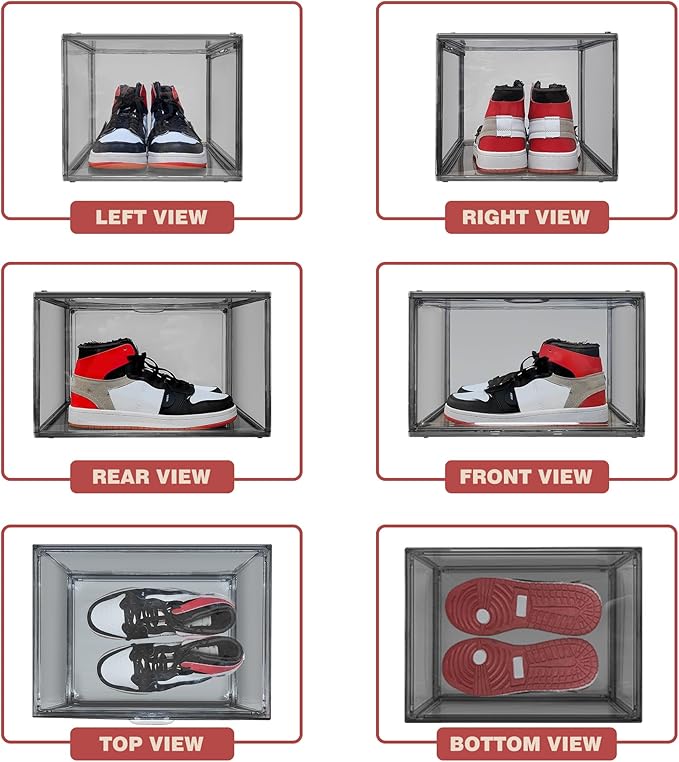 4 Pack Grey Shoe Storage Boxes Clear Plastic Stackable Shoe Display Case with Magnetic Door, Easy Assembly Fit up to US Size 13