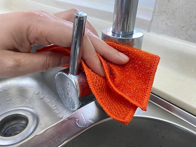16 Pack Microfiber Scrub Dish Cleaning Cloth, Non-Scratch, Reusable & Durable for Pan Pot Dish Cooktop Stovetop Counter Kitchen Household, Machine Washable, 6 x 6 Inch, Orange & Green Assorted