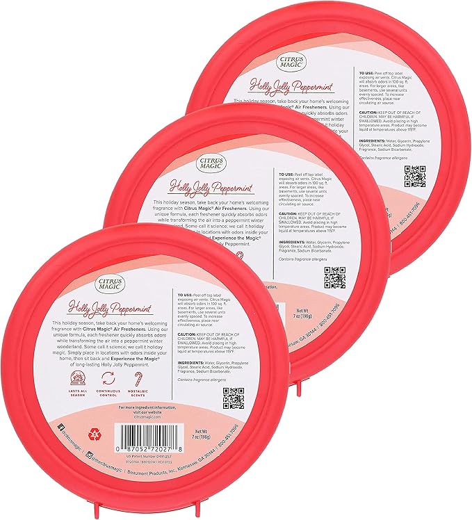 Citrus Magic Holiday Odor Absorbing Solid Air Freshener, Holly Jolly Peppermint, 7-Ounce, Pack of 3