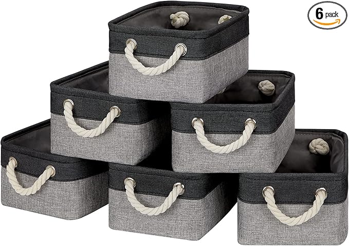 Temary Fabric Storage Baskets 6 Pcs Small Cloth Basket for Shelves Collapsible Decorative Storage Organizer Small Canvas Storage Bins with Handles (Black,11.8L x 7.9W x 5.3H inches)