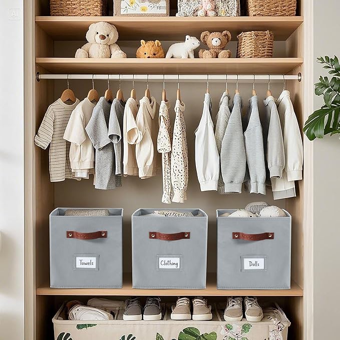 DECOMOMO Storage Bins, Cube Storage Bin with Labels, Fabric Storage Cubes for Shelves (10.5" x 11" / 6pcs, Grey)