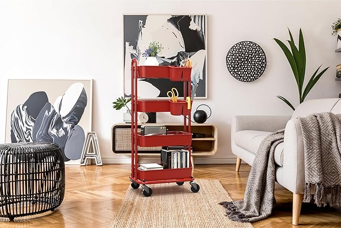 Simple Houseware 4-Tier Multifunctional Rolling Utility Cart with Hanging Buckets, Red