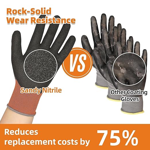 Schwer 6 Pairs Safety Work Gloves with Sandy Nitrile Coating LT5626, Max Abrasion Resistance Heavy Duty Gloves with Grip for Men and Women, Ideal for General Use, Mechanic, Construction, Gardening, L