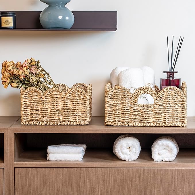 Scalloped Basket 2 Pack Wicker & Rattan Storage with Built-in Handles, Decorative Woven Seagrass Basket for Nursery & Bathroom Organization